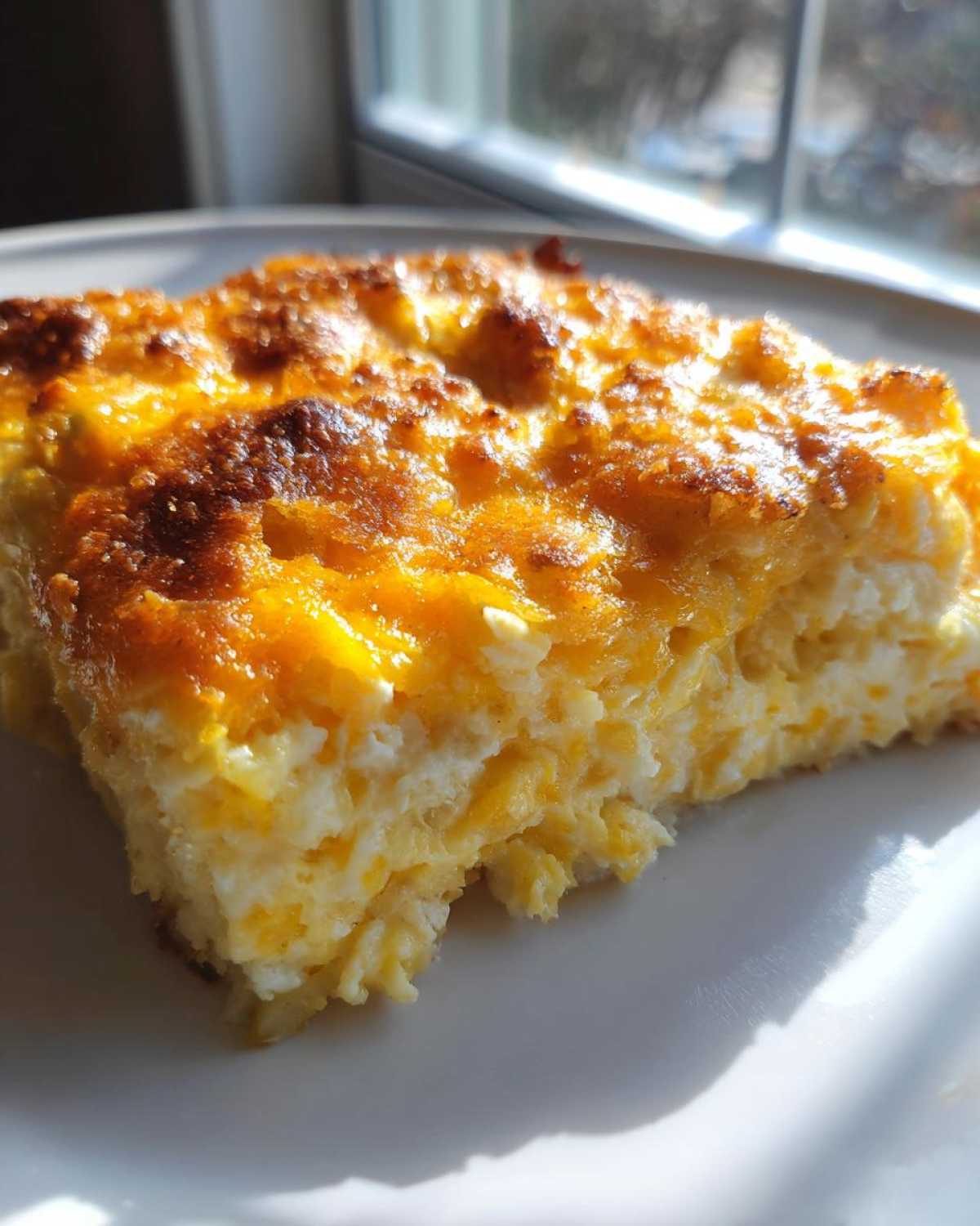 A close-up of a square slice of Paula Deen's Cheesy Squash Casserole with a golden brown, bubbly cheese top.