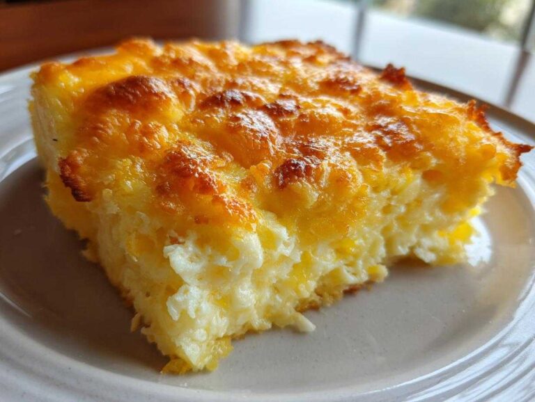 A close-up of a square slice of Paula Deen's Cheesy Squash Casserole with a golden, bubbly cheese topping.