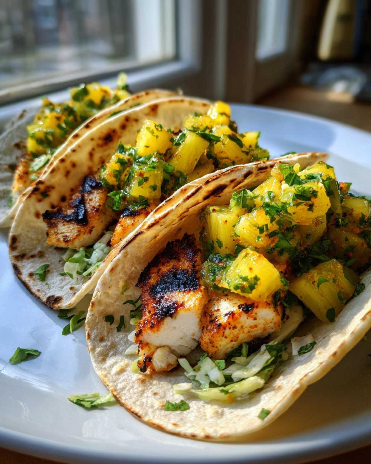 Three grilled Pineapple Chicken Tacos topped with vibrant pineapple salsa and shredded cabbage, served on a white plate.