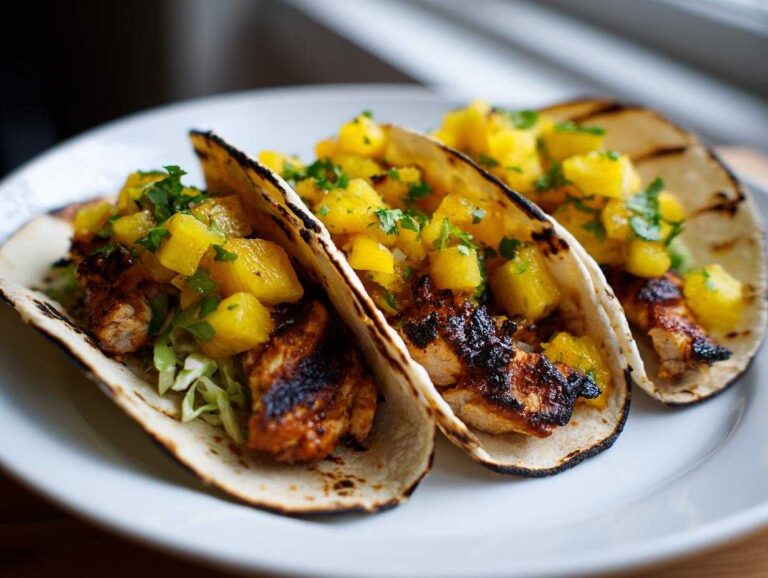 Three grilled Pineapple Chicken Tacos served on soft tortillas with pineapple salsa and shredded cabbage on a white plate.