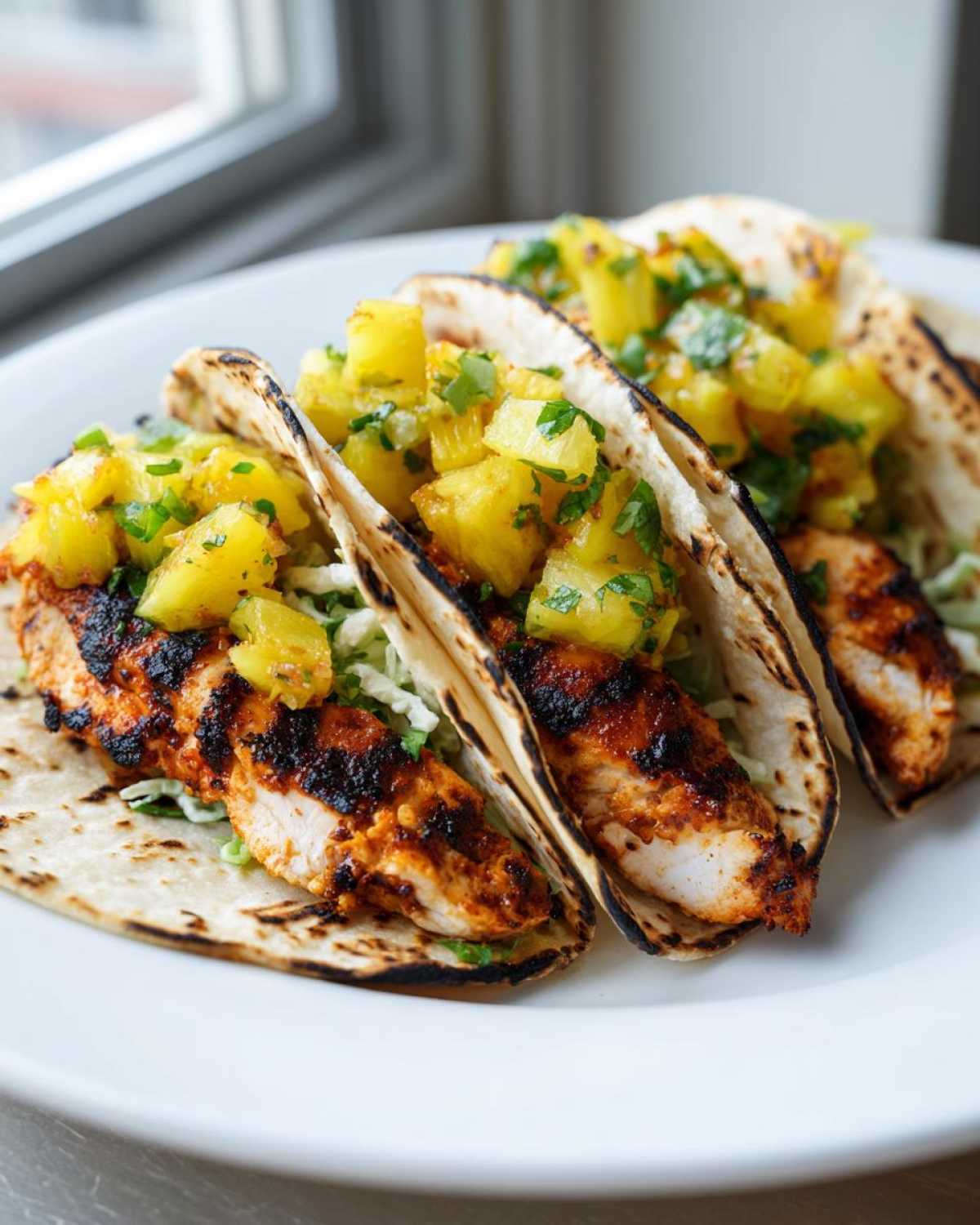 Close-up of three grilled Pineapple Chicken Tacos filled with seasoned chicken, slaw, and topped with pineapple salsa.