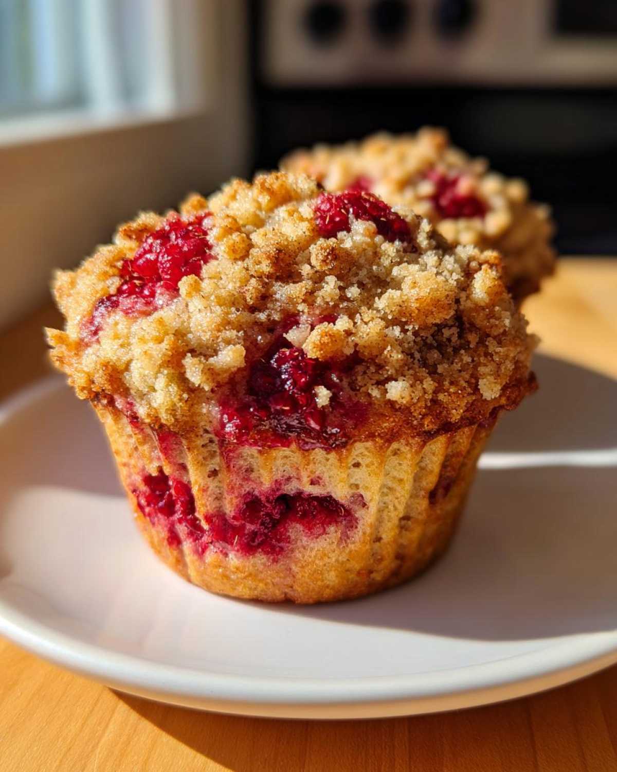 Close-up of a freshly baked Raspberry Streusel Muffins featuring a golden crumb topping and visible raspberry filling.