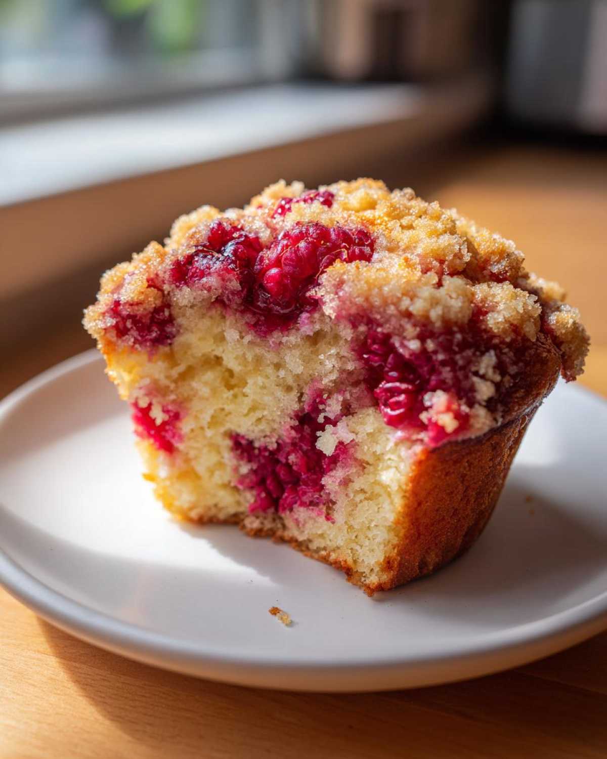 Close-up of a delicious Raspberry Streusel Muffins cut in half, showing moist cake, bright raspberries, and a crunchy streusel topping.