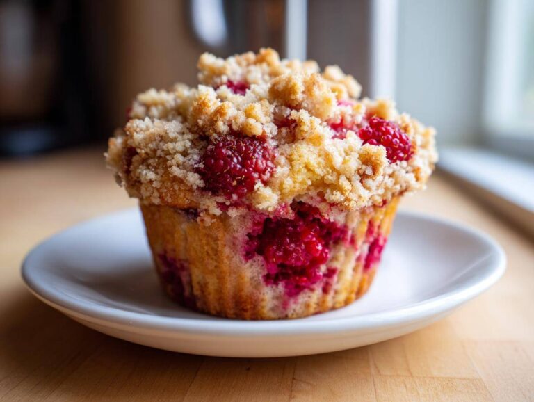 A single, perfectly baked Raspberry Streusel Muffin topped with golden brown streusel sits on a small white plate.