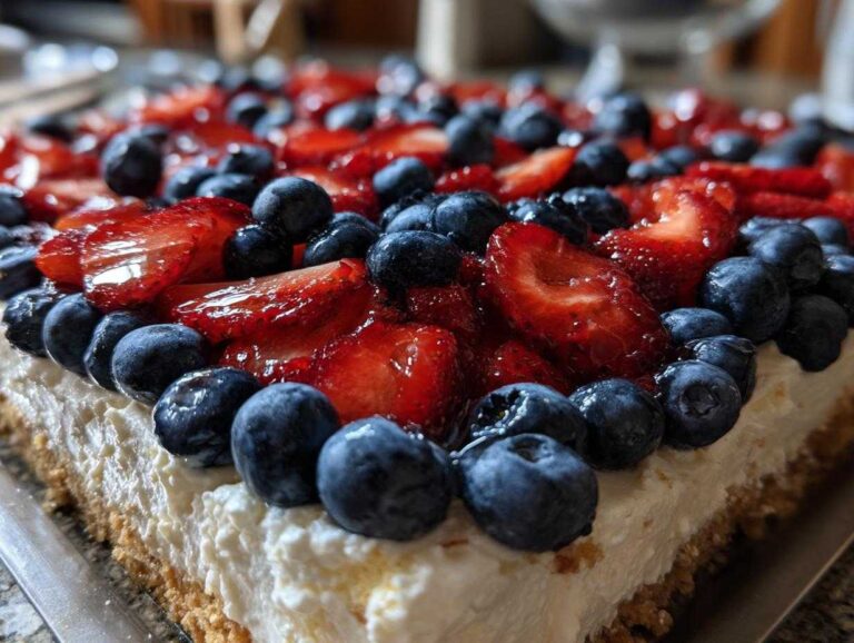 Close-up of a rich Red, White & Blue Cheesecake Dip topped generously with fresh blueberries and sliced strawberries.