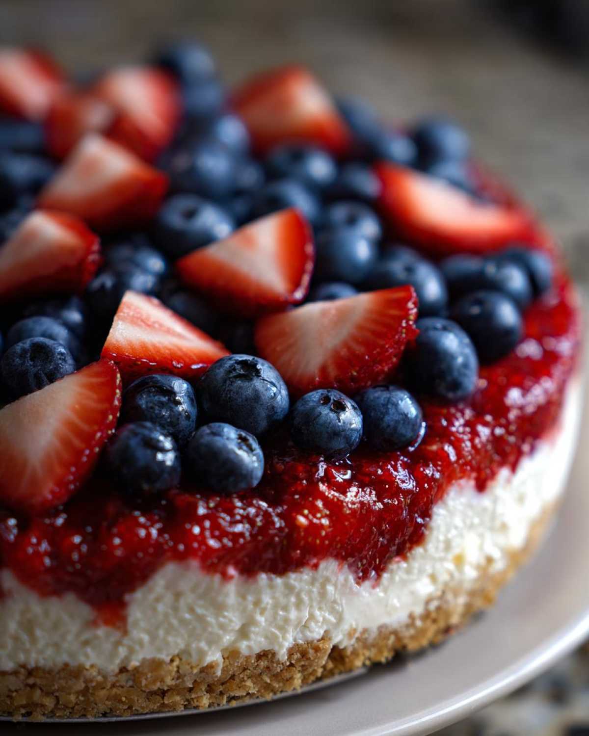 Close-up of the Red, White & Blue Cheesecake Dip topped with strawberry glaze, fresh blueberries, and sliced strawberries.