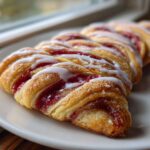 A close-up of a freshly baked Rhubarb Danish Twist, braided with bright red filling and drizzled with white icing.
