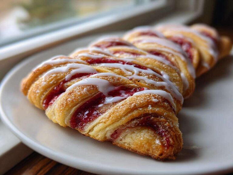 A close-up of a freshly baked Rhubarb Danish Twist, braided with bright red filling and drizzled with white icing.