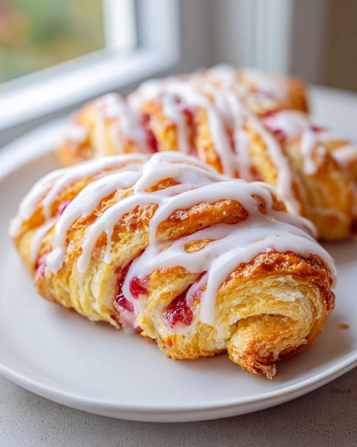 Two flaky, golden Rhubarb Danish Twists drizzled generously with white icing, served on a white plate.