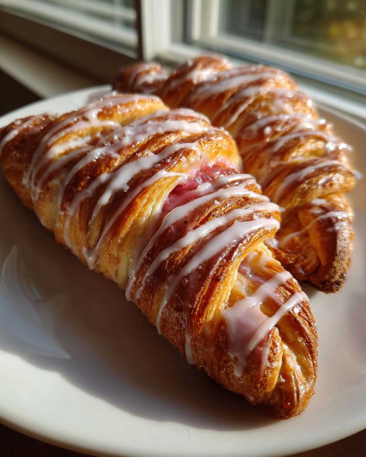 Two golden-brown Rhubarb Danish Twists, flaky and drizzled with white icing, sitting on a white plate.