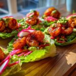 Close-up of several Sheet Pan Chili-Lime Shrimp Lettuce Wraps topped with slaw and crema on a wooden board.