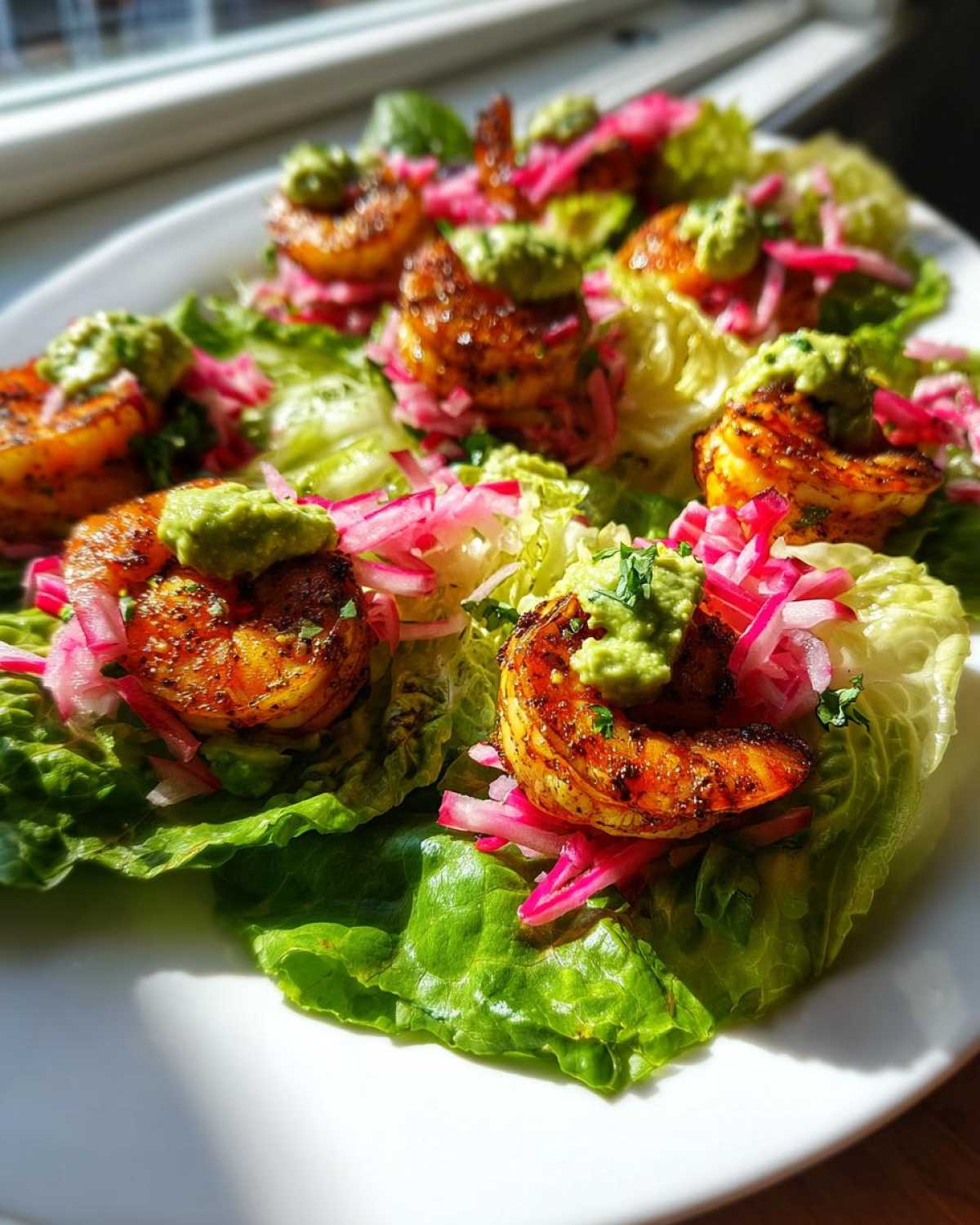 Plated Sheet Pan Chili-Lime Shrimp Lettuce Wraps topped with pickled radish and avocado crema.