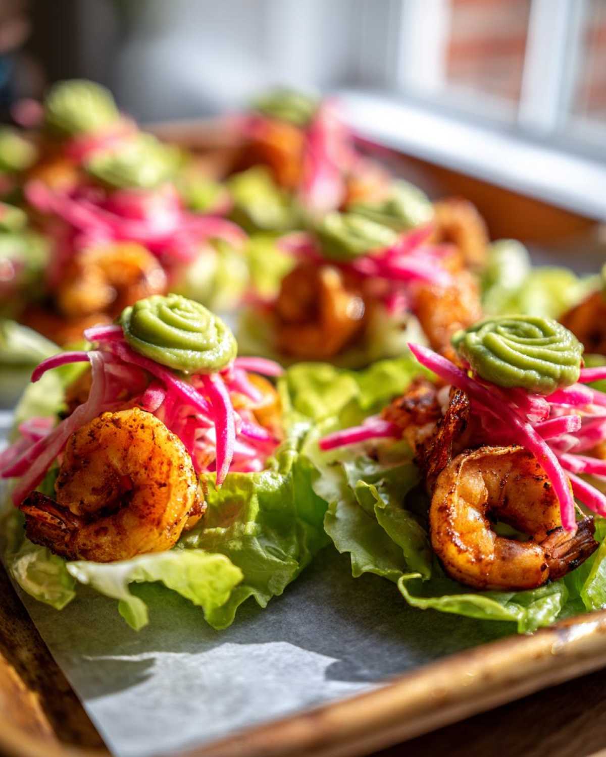 Close-up of Sheet Pan Chili-Lime Shrimp Lettuce Wraps topped with pickled onions and avocado crema.