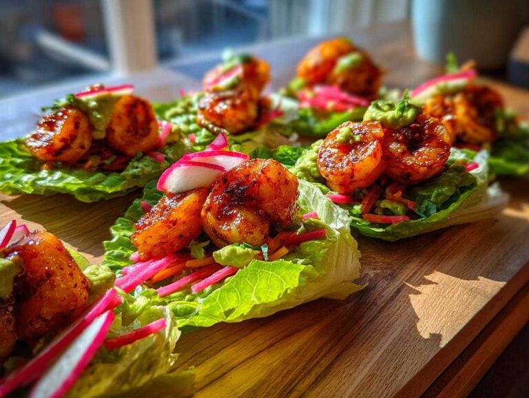 Close-up of several Sheet Pan Chili-Lime Shrimp Lettuce Wraps topped with slaw and crema on a wooden board.