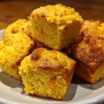 Close-up of several golden Southern-Style Cornbread Poppers stacked on a light gray plate.