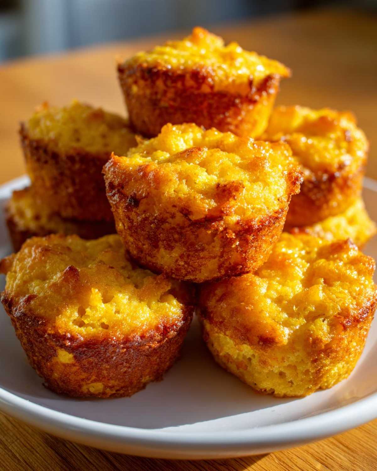 A stack of golden brown Southern-Style Cornbread Poppers with crispy edges served on a white plate.