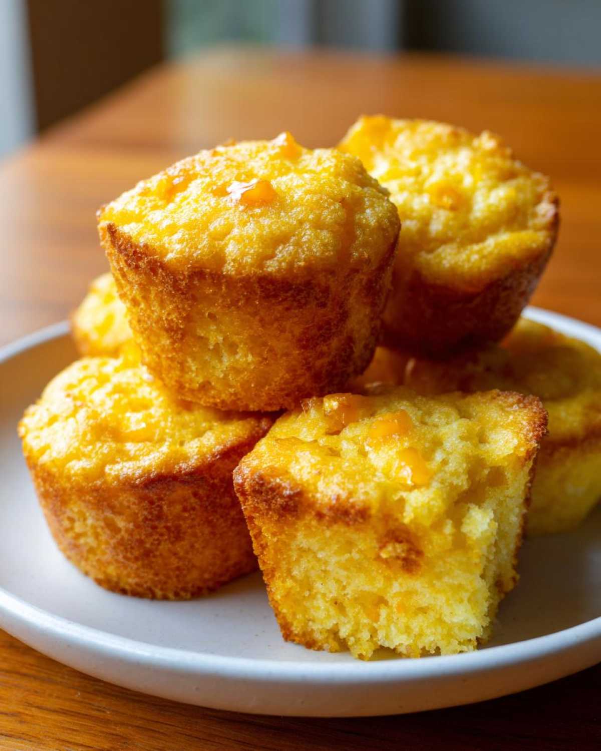 A stack of golden, freshly baked Southern-Style Cornbread Poppers on a light plate.