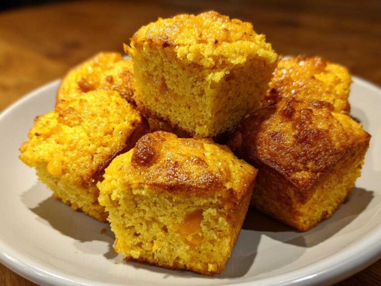 Close-up of several golden Southern-Style Cornbread Poppers stacked on a light gray plate.