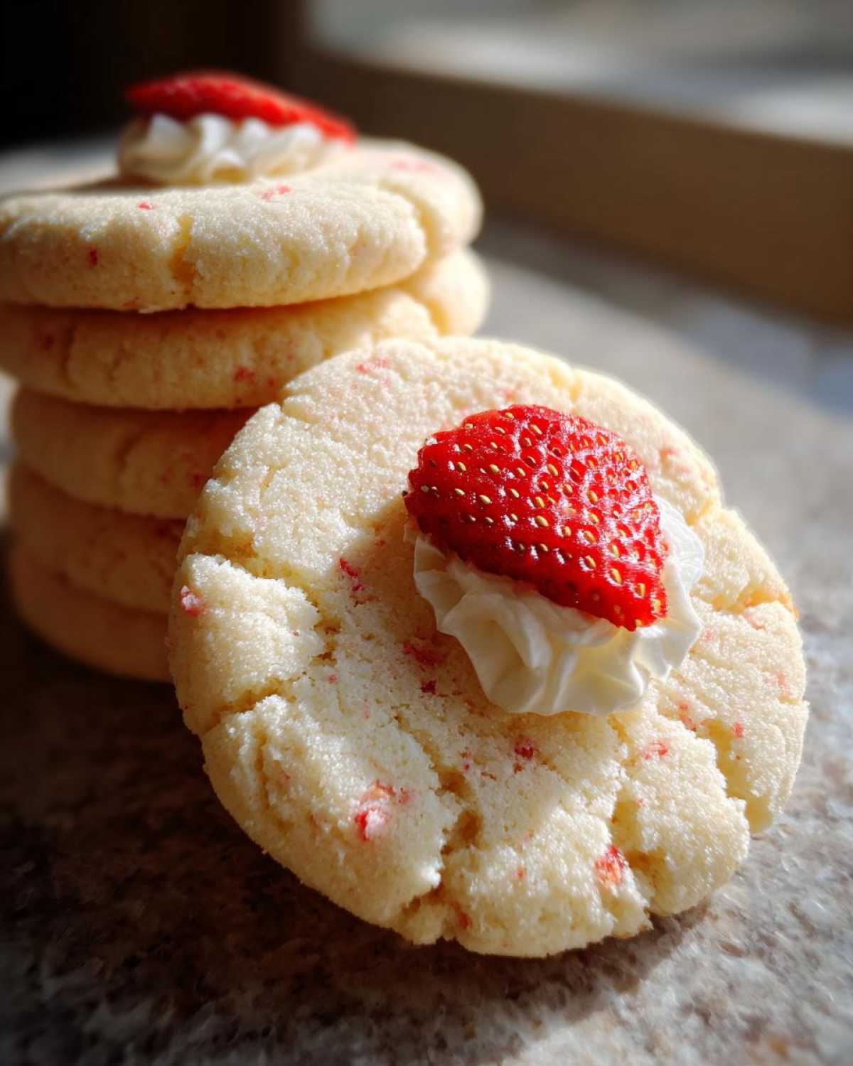 Close-up of a Strawberry Shortcake Butter Cookie topped with whipped cream and a fresh strawberry slice.