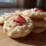 A stack of soft Strawberry Shortcake Butter Cookies topped with whipped cream and a fresh strawberry slice.