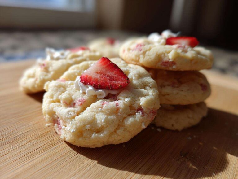 A stack of soft Strawberry Shortcake Butter Cookies topped with whipped cream and a fresh strawberry slice.