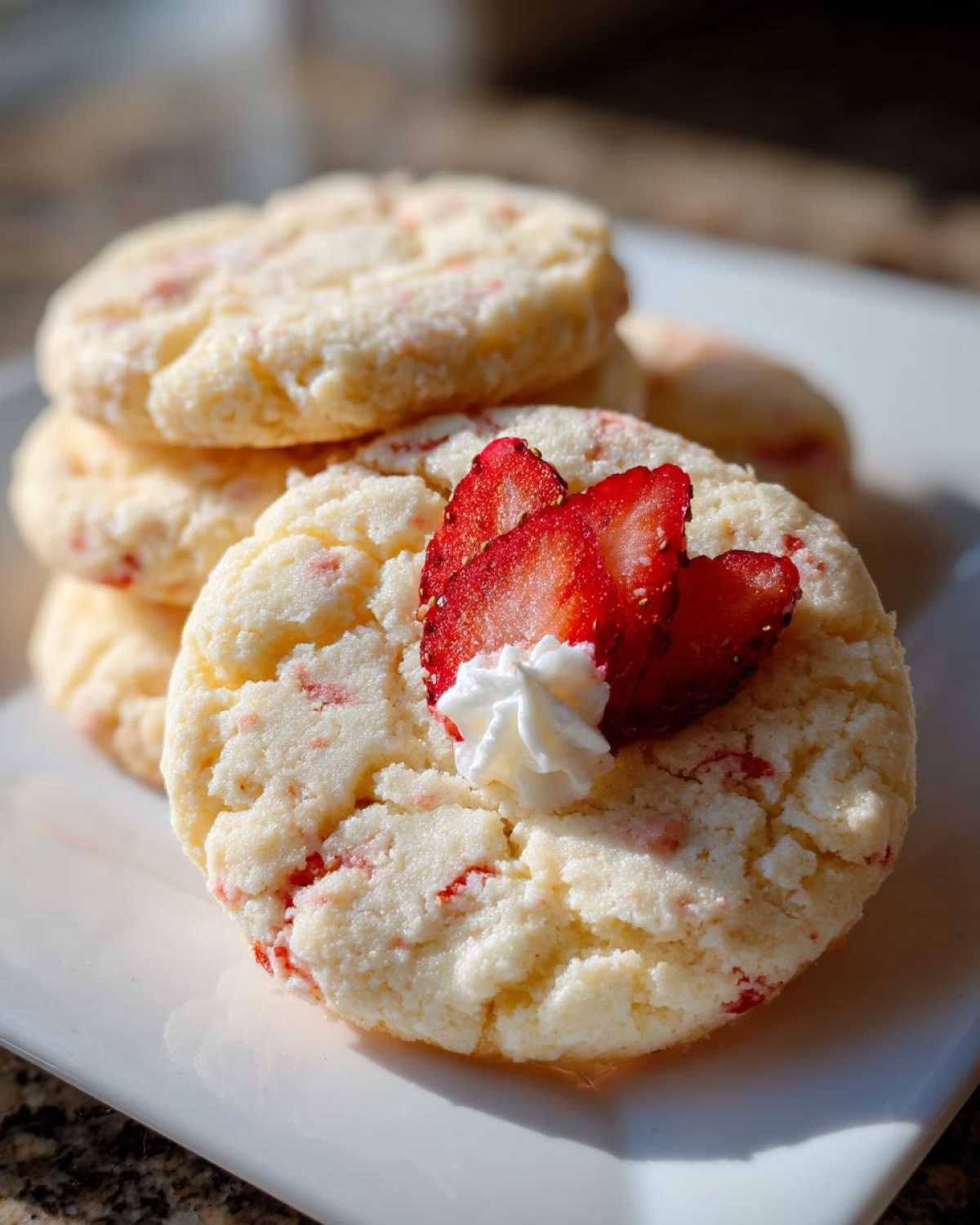 Close-up of a stack of Strawberry Shortcake Butter Cookies topped with fresh strawberry slices and whipped cream.