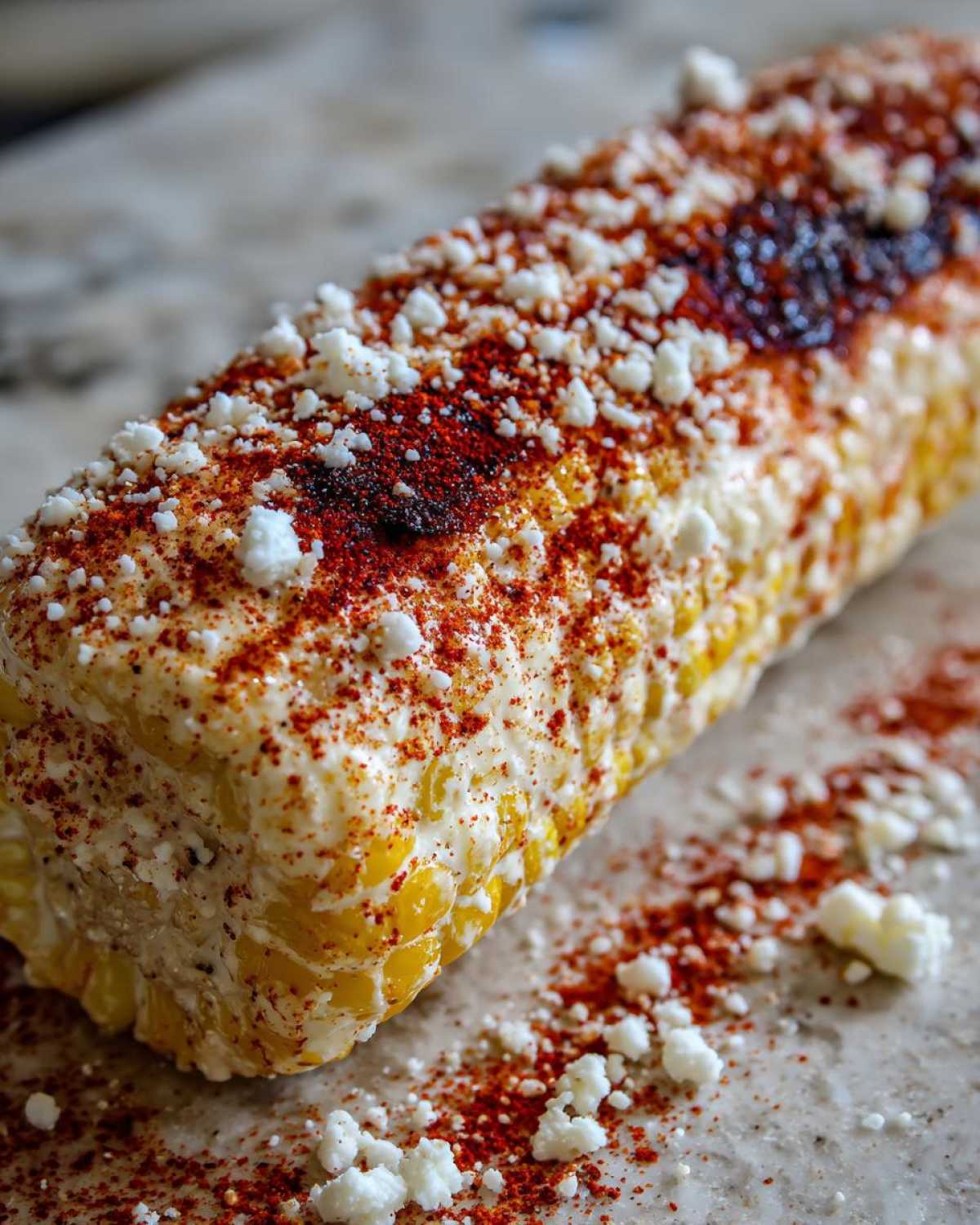 Close-up of a fully dressed Street-Style Mexican Corn on the Cob covered in crema, cotija cheese, and chili powder.