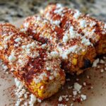 Three grilled cobs of Street-Style Mexican Corn on the Cob covered in white sauce, cotija cheese, and chili powder.