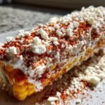 Close-up of a delicious Street-Style Mexican Corn on the Cob covered in cream, cotija cheese, and chili powder.
