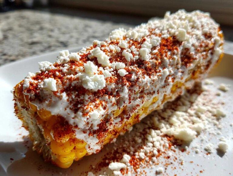 Close-up of a delicious Street-Style Mexican Corn on the Cob covered in cream, cotija cheese, and chili powder.