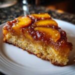 Close-up of a moist slice of Upside-Down Peach Cake featuring caramelized peaches on top.