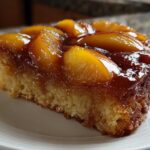 A moist slice of Upside-Down Peach Cake topped with glistening, caramelized peach slices.