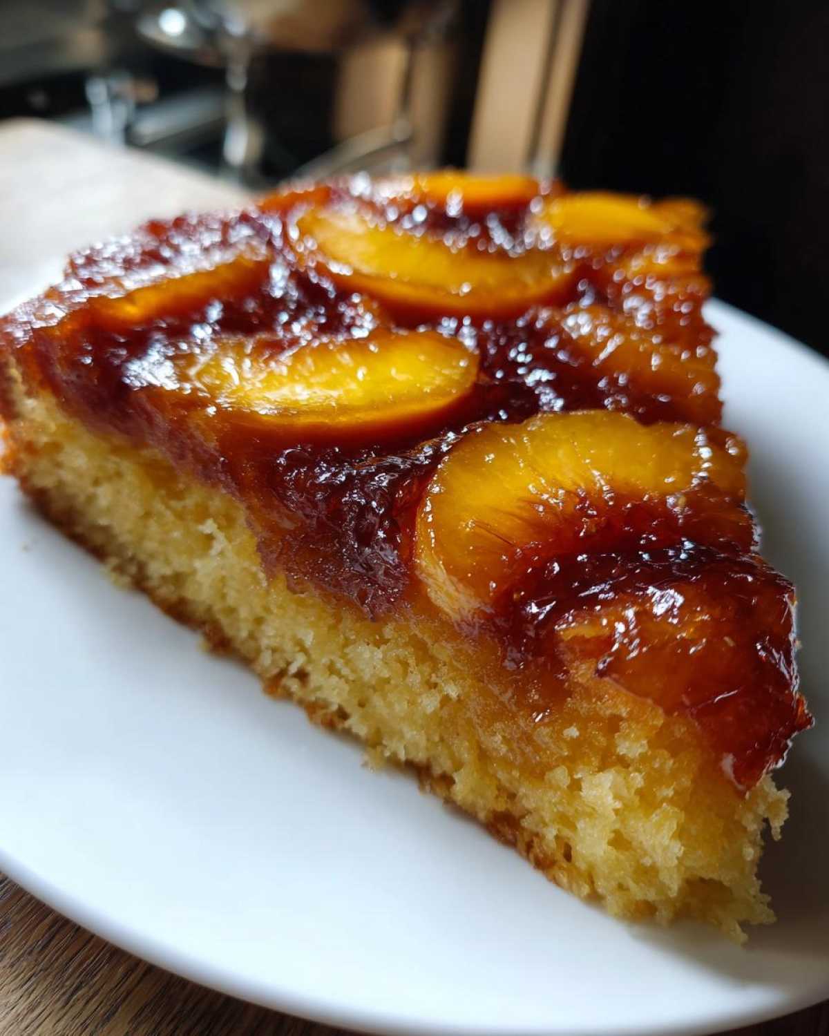 A close-up slice of moist Upside-Down Peach Cake featuring caramelized peaches on a bright white plate.