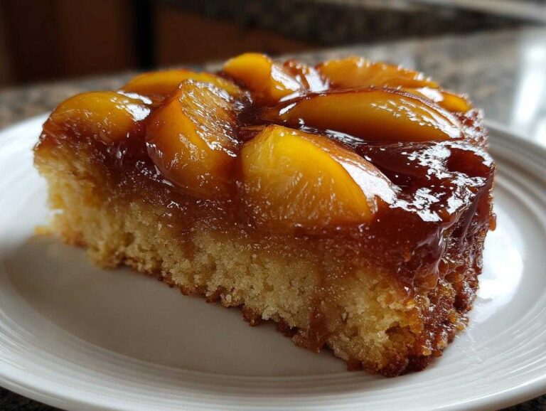 A moist slice of Upside-Down Peach Cake topped with glistening, caramelized peach slices.