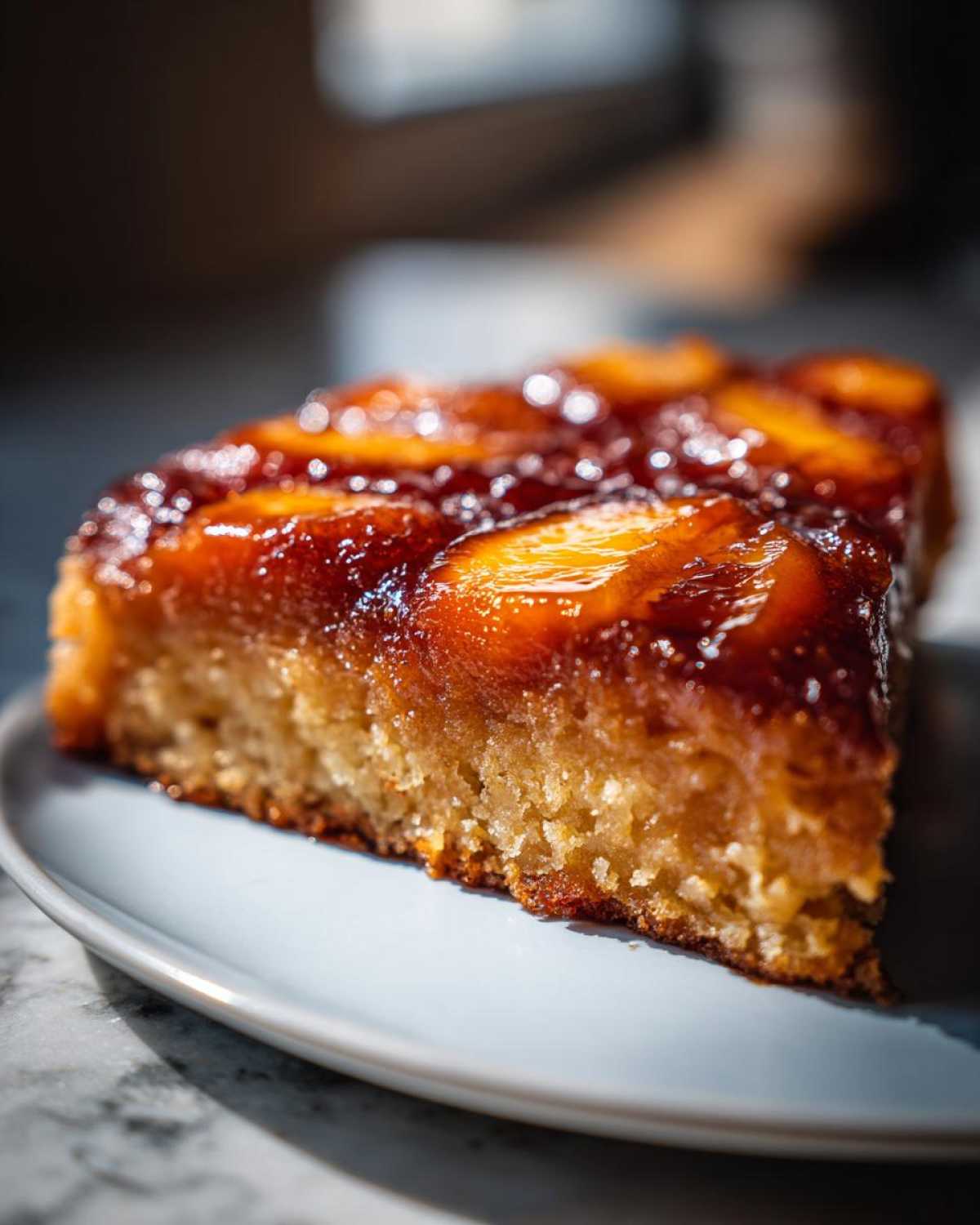 Close-up of a moist slice of Upside-Down Peach Cake showing the caramelized brown sugar topping and tender crumb.