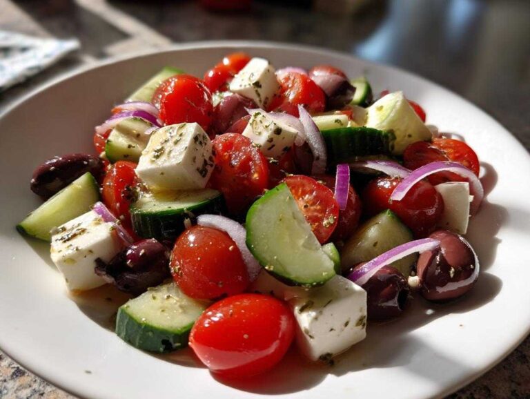 Close-up of fresh ingredients like tomatoes, cucumbers, feta, and olives, perfect for a quick Pasta Salad.