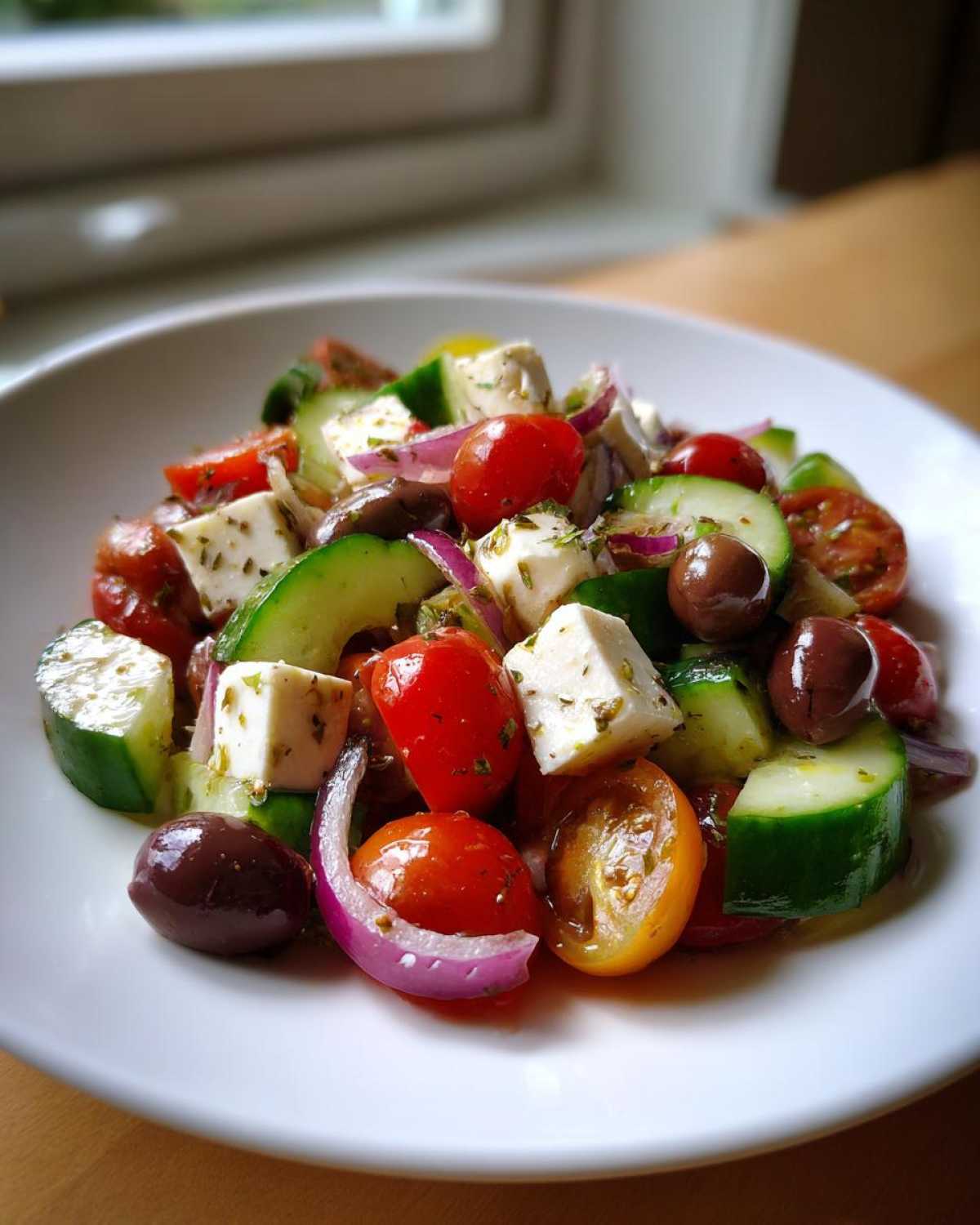 Close-up of fresh ingredients for Pasta Salad including cherry tomatoes, cucumber, feta, olives, and red onion.